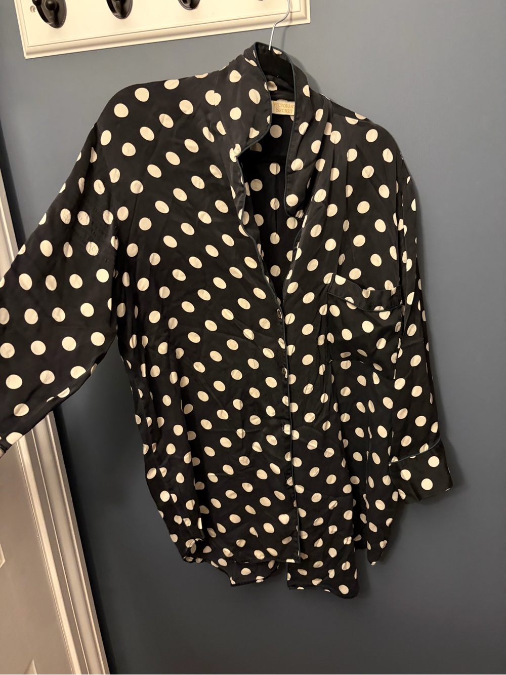 VINTAGE 100% SILK Victoria's Secret Black and White Polka Dot Button-Down PJ
